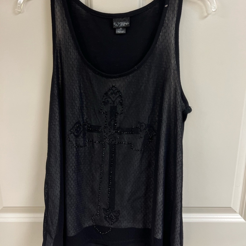 Daytrip Black Tank Top with Cross Black Jeweled Embellishment Grunge